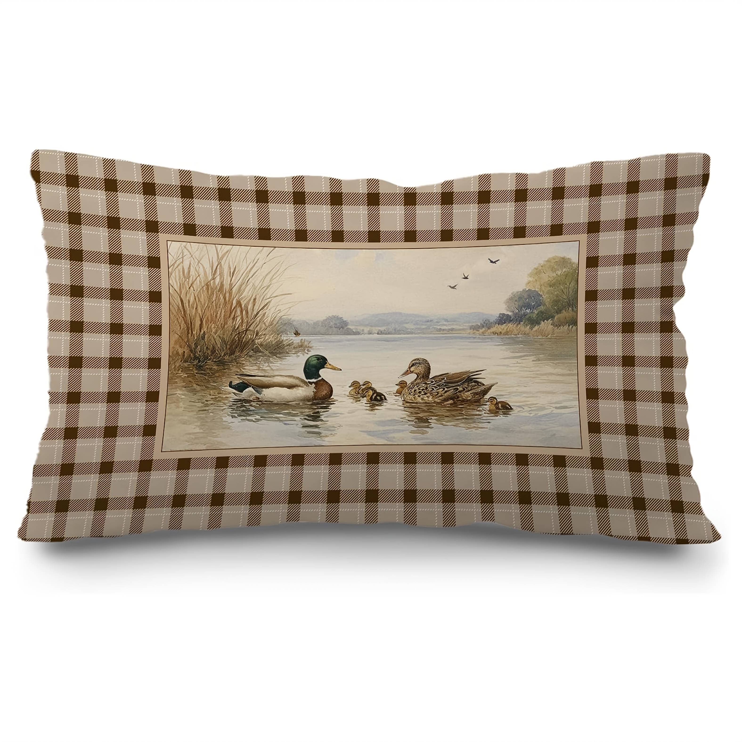 TEMU 1pc Vintage Mallard Duck Brown Gingham Throw Pillow Cover, For Duck Lovers, Rustic Cabin Lake Wildlife Pillow Case Decor For Living Room Couch