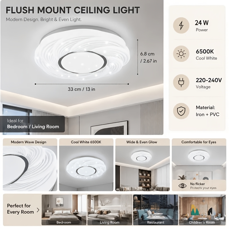 TEMU 2 Pack Modern Led Ceiling Lights 24w 6500k Cool White, Flush Mount Round Ceiling Lamps For Bedroom Living Room Kitchen Bathroom Hallway