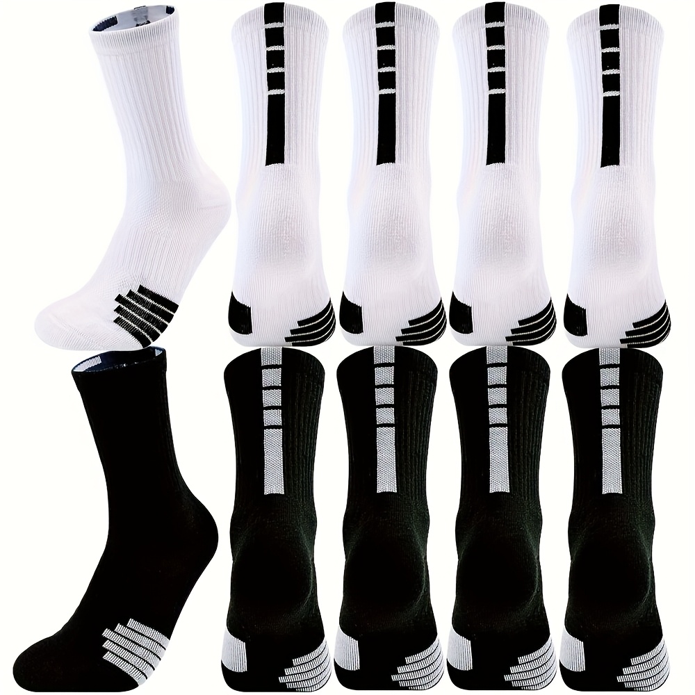 

5/10/20 Pairs Athletic Crew Socks For - Towel Bottom, Grip, Breathable Polyester-spandex , Ideal For Soccer, Basketball, Skateboarding, Rugby - White & Black With Striped Accents