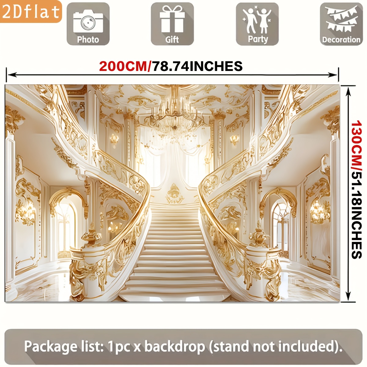 Golden Ornate Staircase White Marble Chandelier Backdrop Banner for Parties