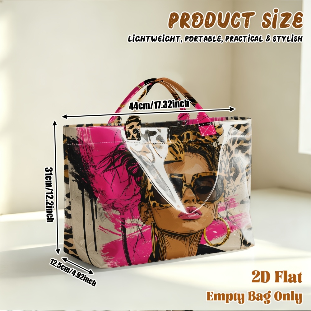 TEMU 1pc 2d Flat Printing Leopard Print Fashion Portrait Pattern Large Capacity Travel Tote Bag, Fashion Ladies Shopping Bag, Commuting Bag, Beach