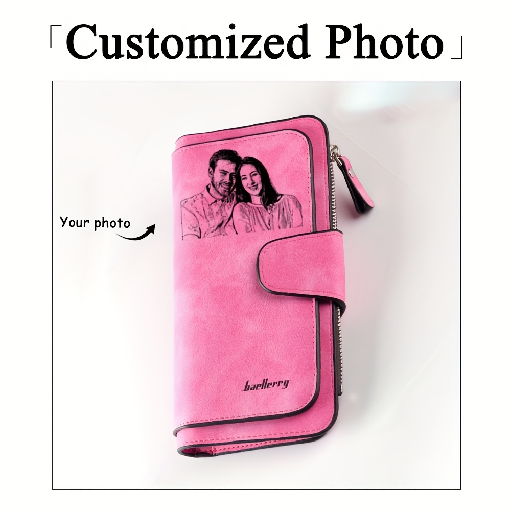 TEMU Custom Photo & Text Personalized Couple Wallets - Premium Synthetic Leather Design With Snap Closure, Multiple Card Slots & Zippered Pocket -