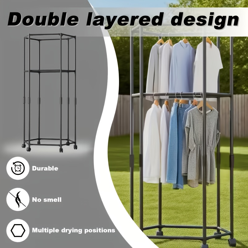 Rotating Clothing Rack with Wheels, Heavy Duty Metal Garment Rack for Hanging Clothes, Multifunctional Rotating Clothing Organizer, Freestanding Closet Organizer for Bedroom, Laundry Room, Space Saving Closet Storage for Coats, Dresses, Pants