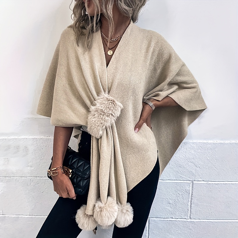 

Solid Color Cross Shawl With Pom Loose Knitted Cape Casual Outside Windproof Warm Cloak For Women