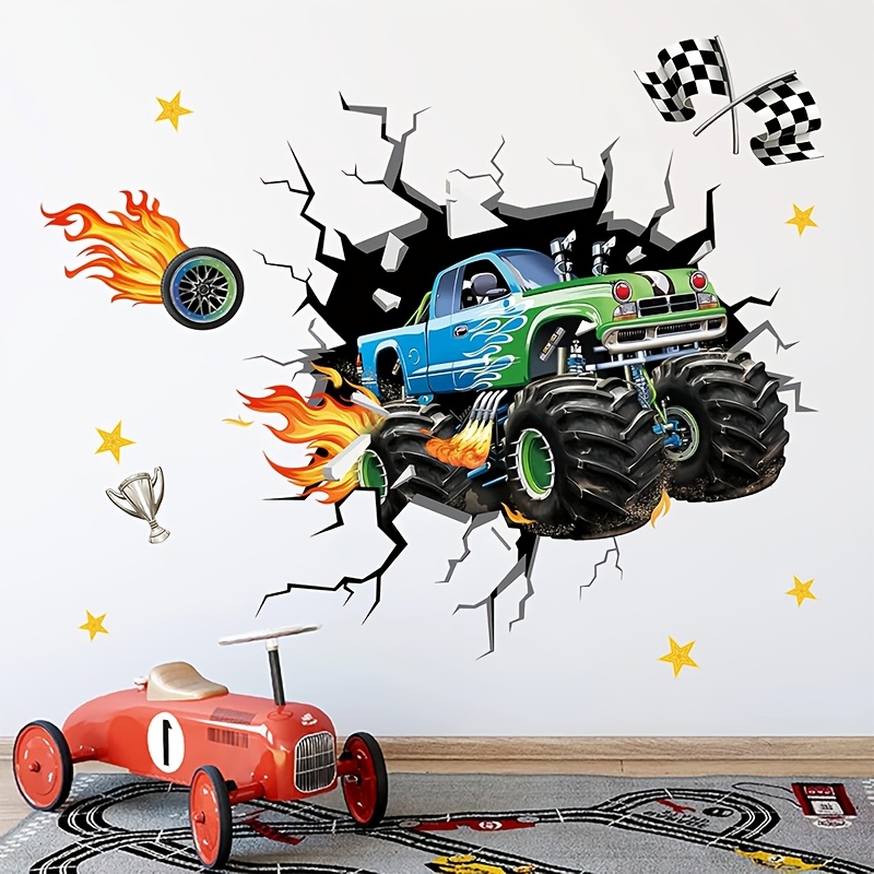 

1 Set Of Contemporary Cartoon Monster Truck Wall Decals, Vinyl Self-adhesive Star Racing Vehicle Stickers, Detachable Home Decor For Living Room And Bedroom