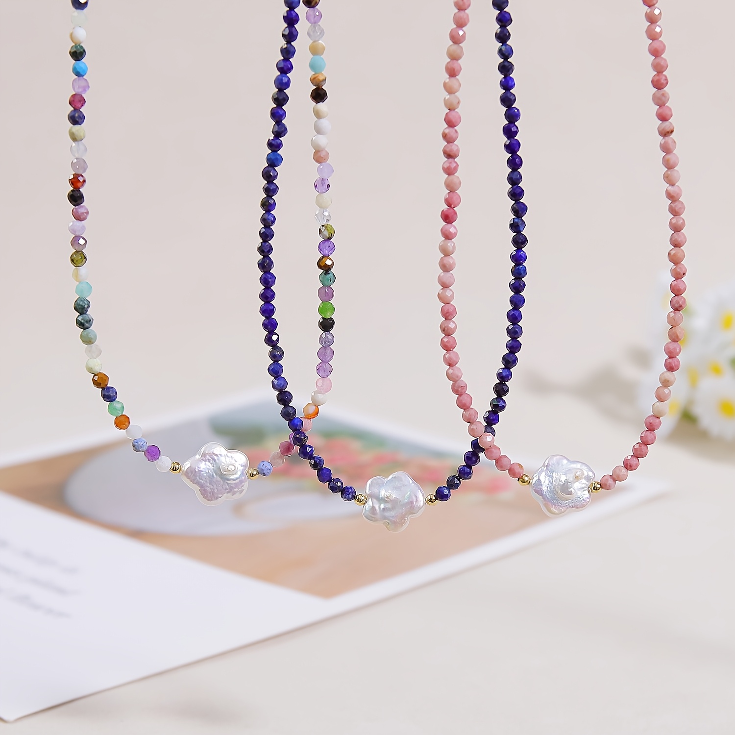 Women's Natural Stone Beaded Choker Necklace with Freshwater Pearl Charms