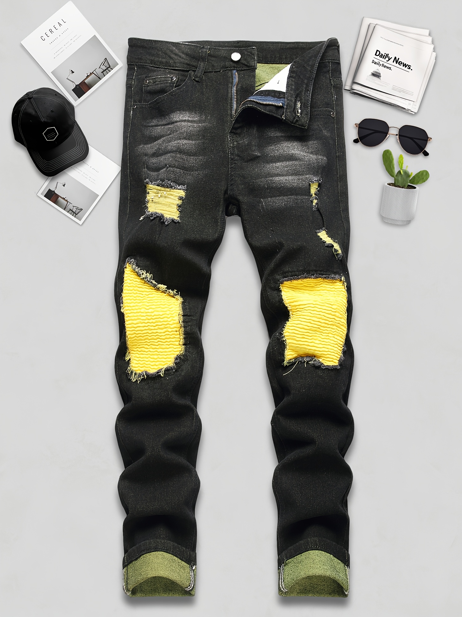 black and yellow ripped jeans sold on Temu United States