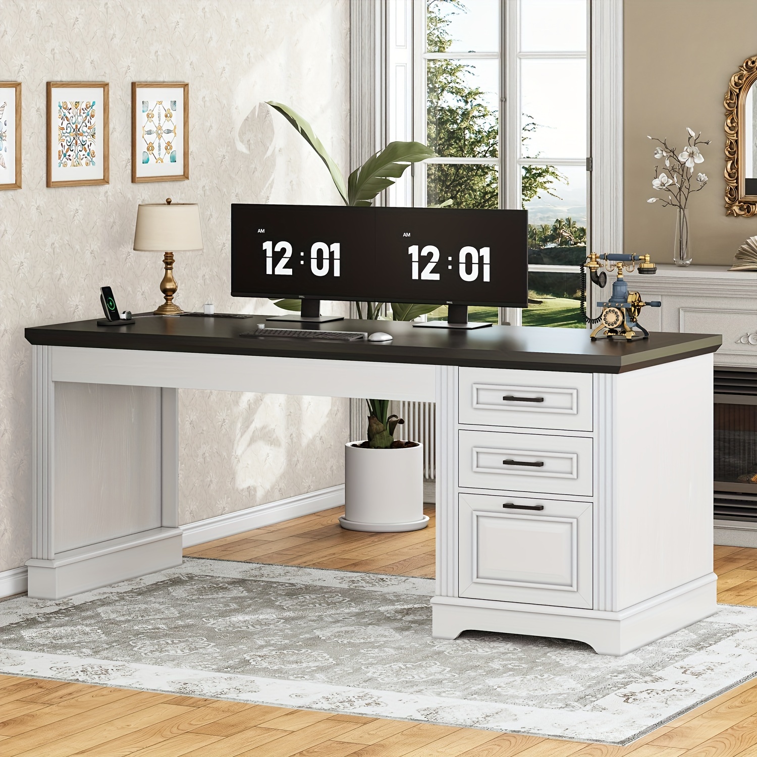 

Computer Desk With Charging Station, Farmhouse Office Desk With 3 Drawers And Large , White & Black