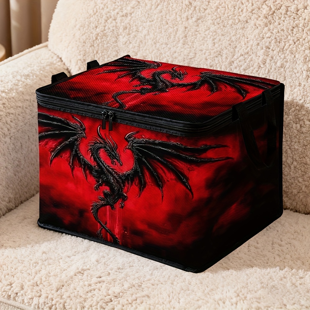 TEMU 1pc Black Red Dragon Fantasy Dark Wings Print Storage Bin With Lid - Ornate Dragon Design Rectangular Organizer Suitable For Closet, Laundry