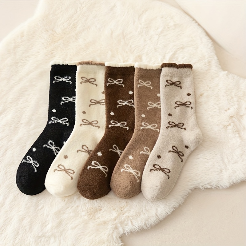 Image of 5-pair Australian Velvet Bow Youth Mid-calf Socks, Autumn/winter Style, Plush-lined Thickened Warm Socks, -length Slouch Socks, For Teenager
