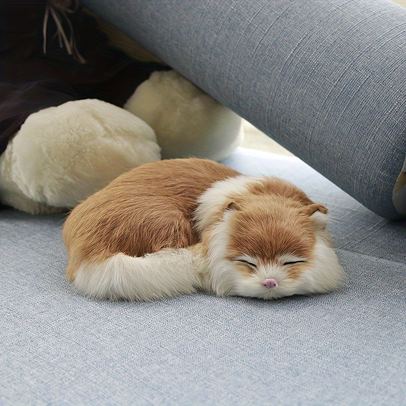 Realistic Sleeping Cat Figurine Brown White fluffy Kitten Decor,  Non-Toxic Plastic, Lifelike Shut-Eyes Fluffy Fur for Home, Office, Shelf 