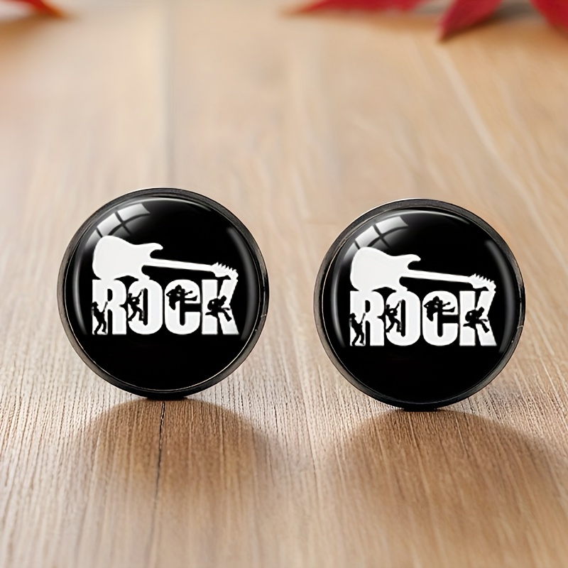 1 Pair Rock Black Stud Earring Round Glass Cabochon Earrings Handmade Jewelry, Without Battery