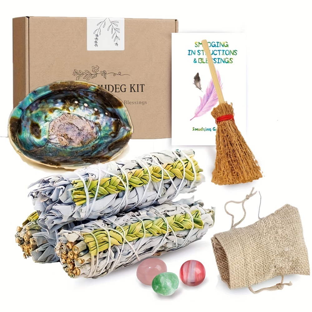 

1set Elegant Smudging Kit With White Sage & Sweetgrass Sticks, Sustainably Sourced Sage, Abalone Shell, Pink Crystal, Aventurine Jade, Red Crystal, Feather – Instructions Included