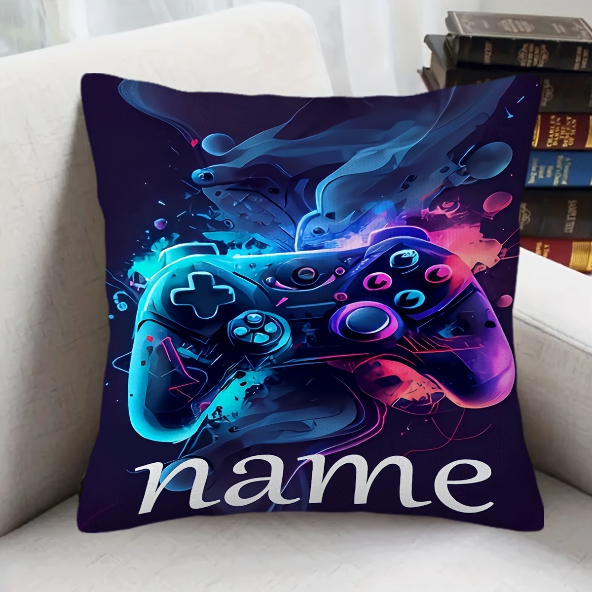TEMU 1pc Custom Text Name Personalized Square Decorative Cushion Pillowcase, Controller Pattern Car Seat Cushion, Home Daily Use, Stylish, Simple,
