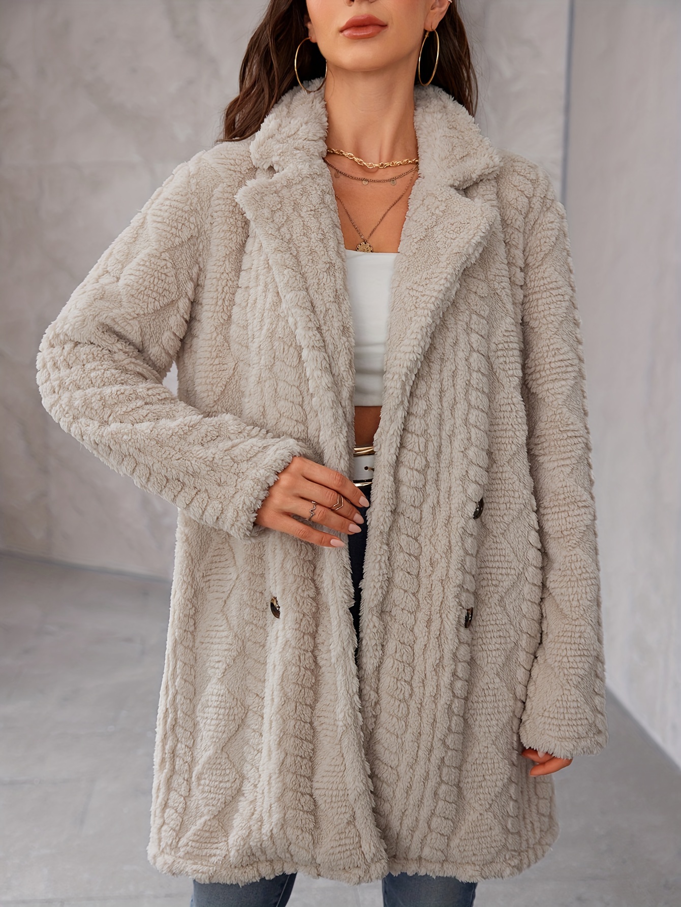 double   fuzzy lapel coat elegant thermal solid long sleeve coat for   womens clothing khaki 2