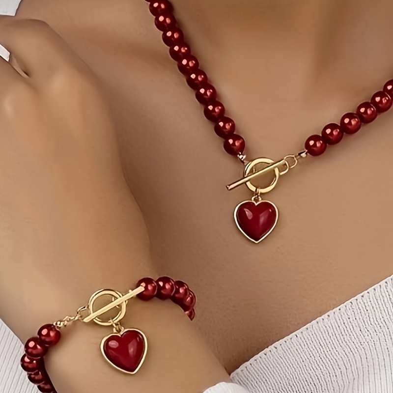 

Elegant 2pcs Pearl Jewelry Set With Heart Pendant - Chic Red Beaded Necklace And Bracelet, Vacation And , Jewelry Set|heart Pendant Design| Accents