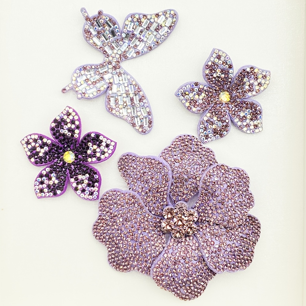 TEMU Un ensemble de 4 fleurs en strass violettes, papillons en strass, couture main, vêtements, chaussures et chapeaux, sacs, emballage, décoration,