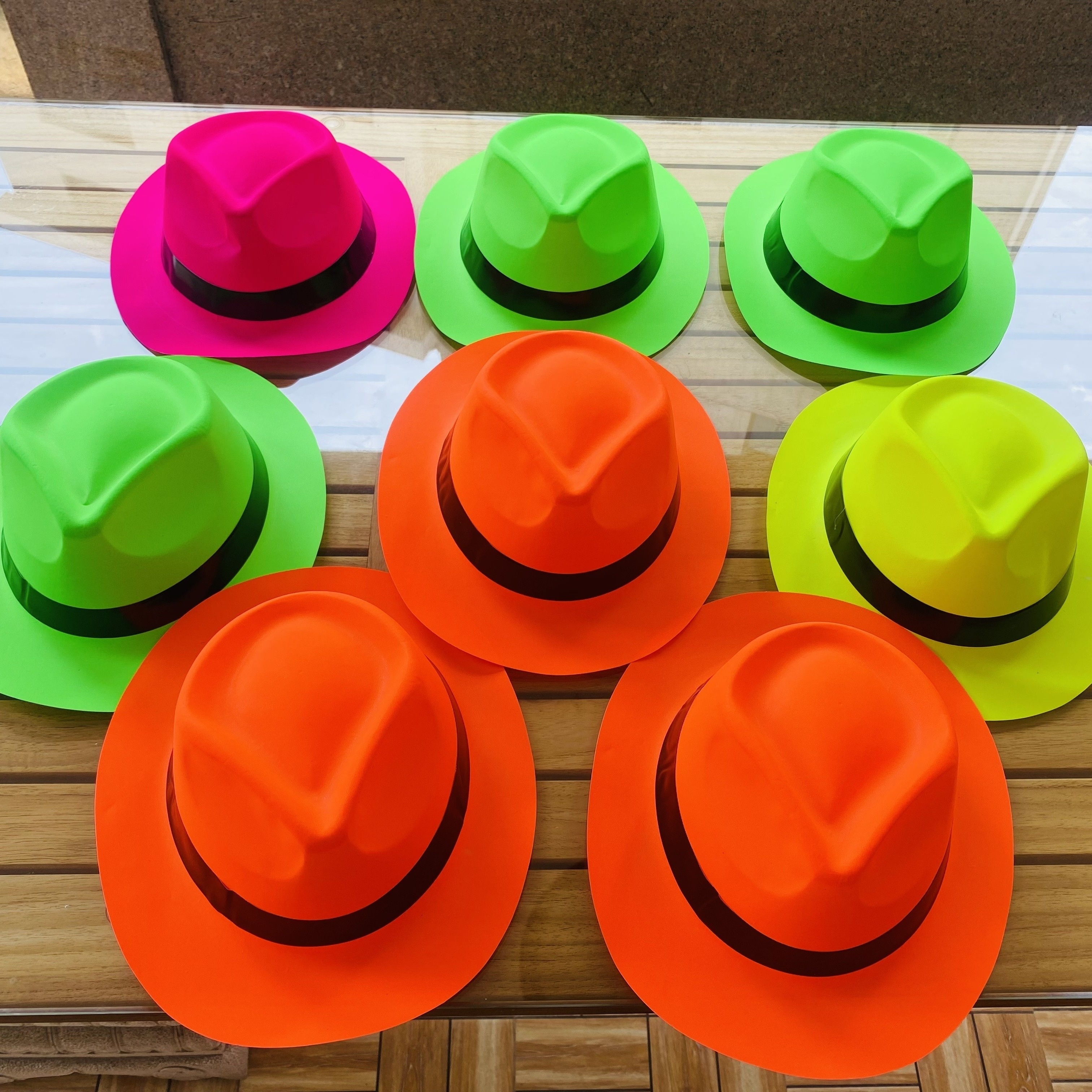 

Set Of 8 Neon Party Hats With Black Band - Pvc Material, 1 Time Use, Perfect For Birthday, Gender Reveal, Bachelor Party, Graduation, Bar & Bat Mitzvah - No Electricity Or Feathers Required