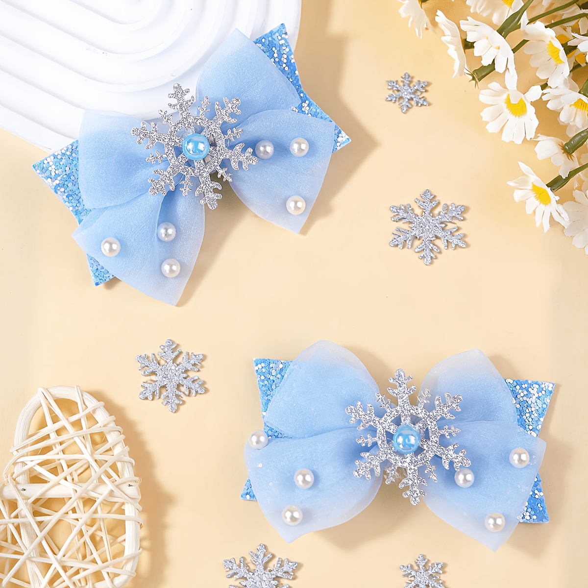 TEMU 2pcs Ice And Snow Double-layer Sequin Bow Hair Accessory, Snowflake Mesh Blue Decorative Hair Ornament