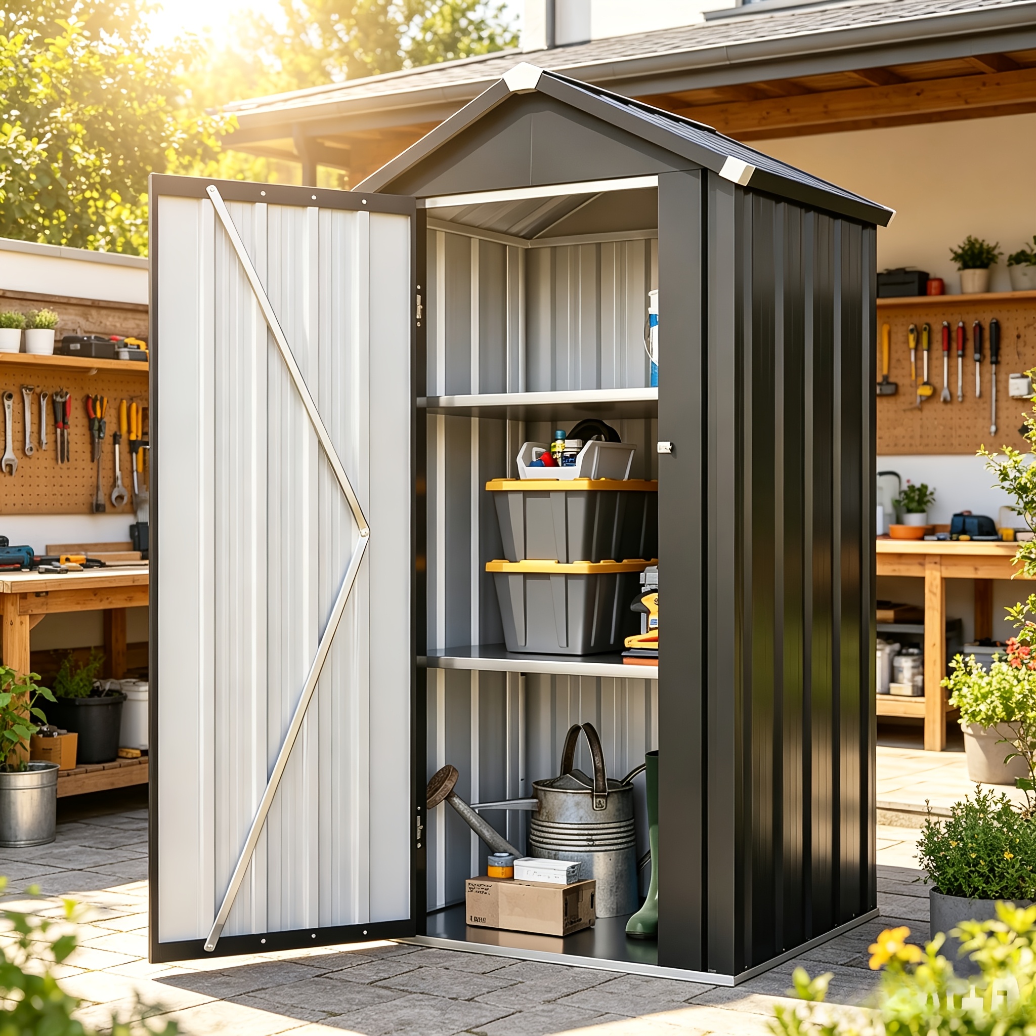 92*61cm Vertical Metal Tool Cabinet With Adjustable Shelves, For Garden, Garage, And Courtyard Storage, Temporarily Detachable