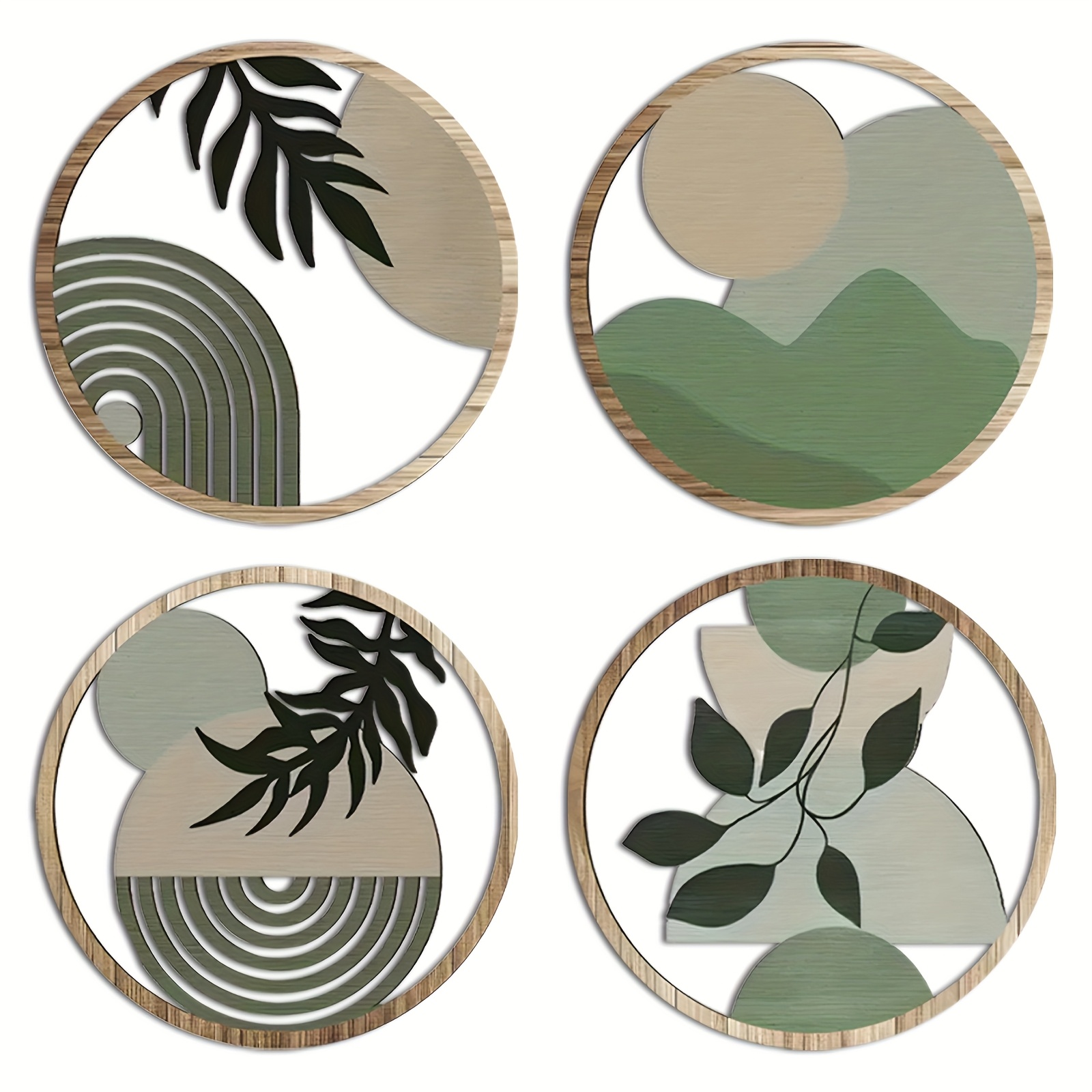 

4pcs Round Wooden Wall Art Set - Space & Botanical Themes, Bedroom, Living Room, Kitchen & Bathroom Decor - Modern , Ideal Gift For Family & Friends, Wall Decor