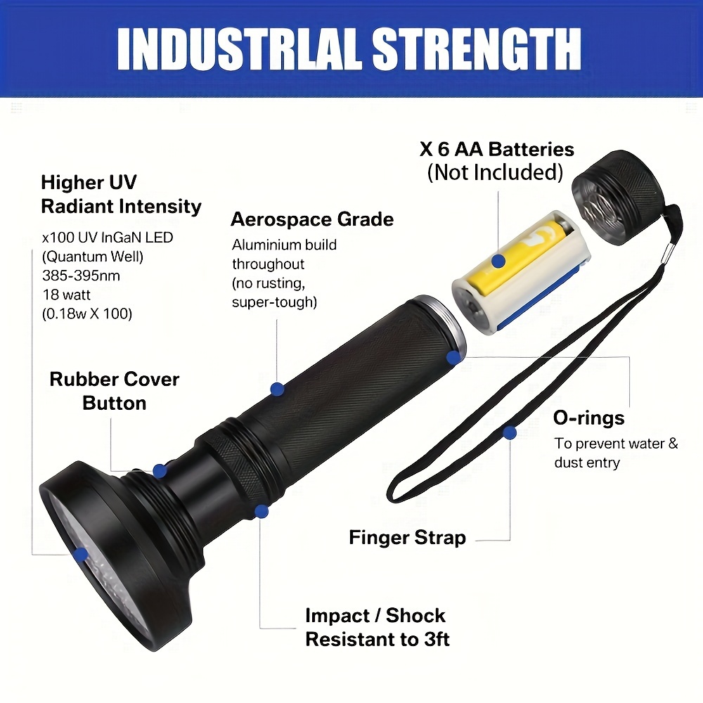 1pc 100 led uv flashlight 395 uv light black light flashlight ultraviolet light detector for invisible pens pet stains aa battery not included Product details 1