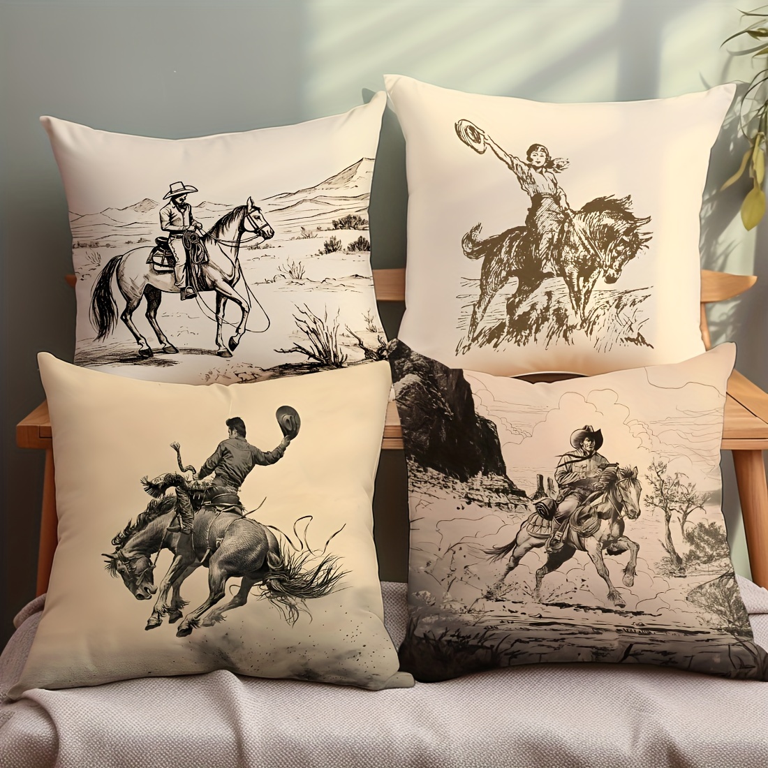 

4pcs, 18"x18" (45x45cm), Rustic Western Horse Riding, American West, Peach Skin Velvet Pillow Covers, Car Cushion, Sofa, Bedroom, Headboard Pillow Cases, Single-sided Print, Home Decor Without Insert