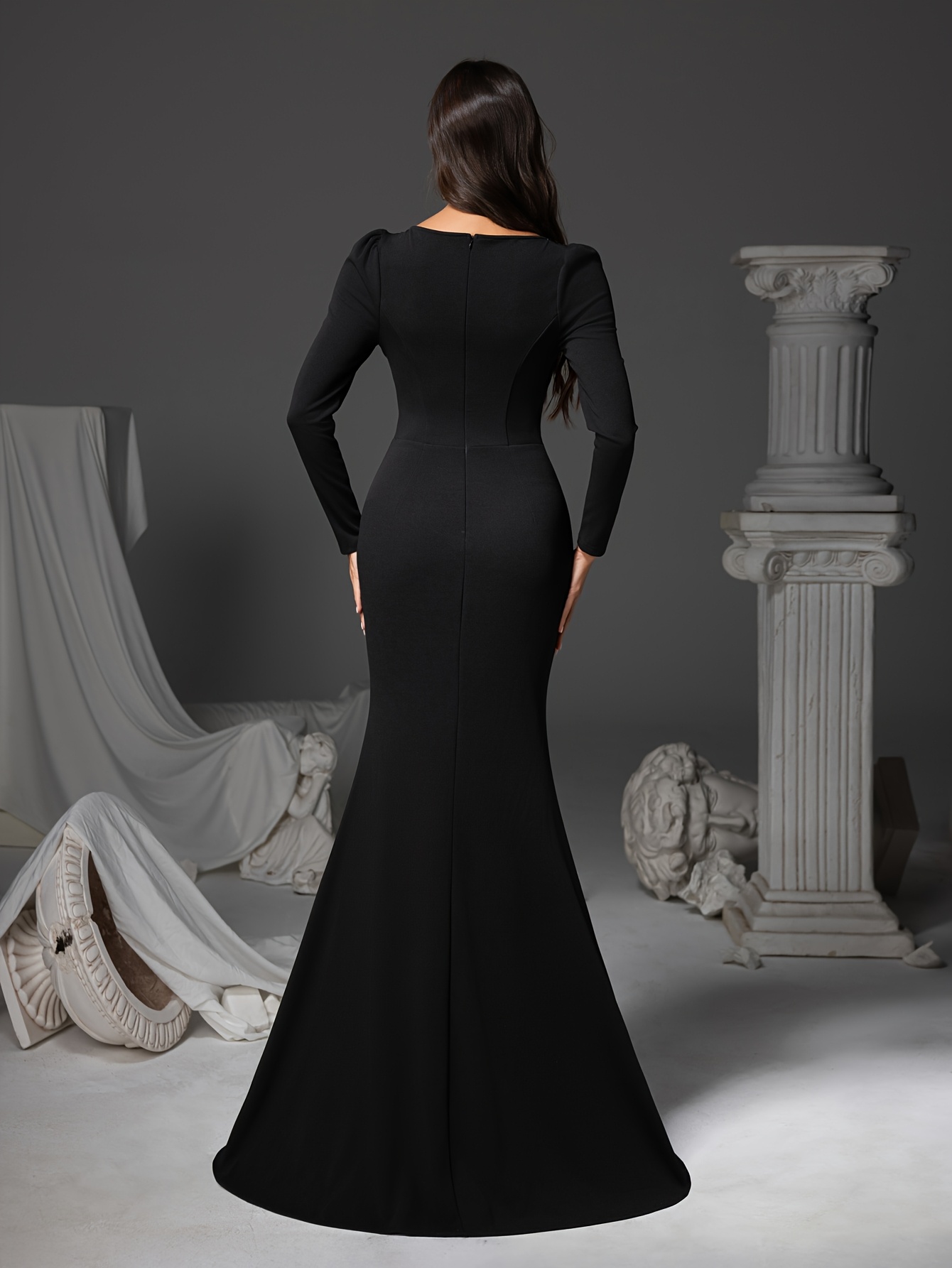 knee length dresses for ladies Black Lace Gown with Open Back and Long Sleeves main image 1
