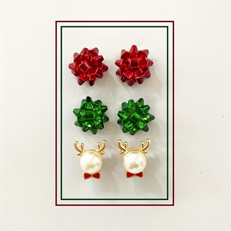 

Chic 3pcs Christmas Stud Earrings Set For Women - Vintage Party Style With Red & Green Reindeer Design, Faux Pearl Accents, Stainless Steel Posts - Perfect Holiday Gift