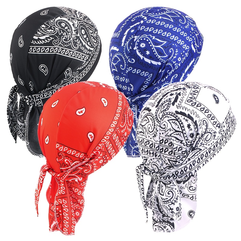 TEMU Lot de 4 pièces : Chapeau de pirate extensible à imprimé amibe de , Bonnet serre-tête à sangle de rappeur, du motif imprimé est aléatoire