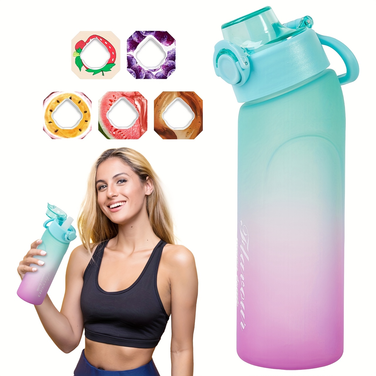 

1 bouteille d'air , bouteille d'eau étanche de 720 ml/25 oz avec 5 capsules d'infusion de fruits, BPA, manchon en silicone, pour les sports de , le cyclisme, à pied - bleu et violet