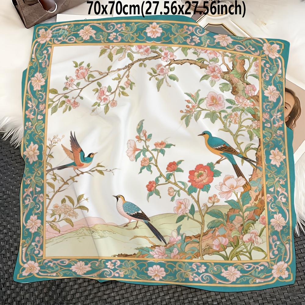 TEMU 1 pièce Écharpe Carrée Élégante Rétro Européenne pour Femme à Motif Oiseaux et Fleurs - Imprimé Oiseaux en Vol et Adaptée aux Tenues