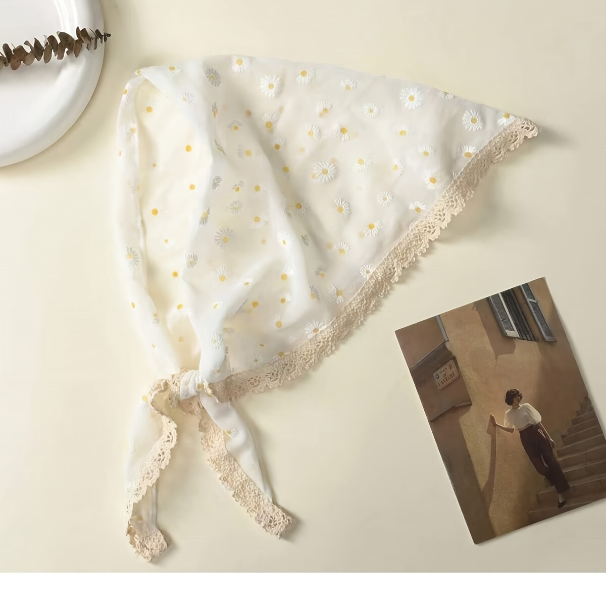 Lace-trimmed Daisy Flower Triangular Scarf - Sweet And Headscarf - Head Wrap With Ties, Hairband