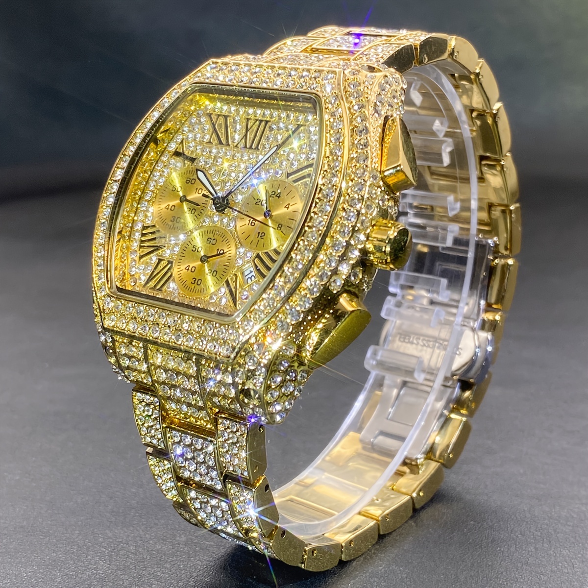 Reloj de cuarzo para hombre MISSFOX con diamantes de imitación, cronómetro estilo fiesta con caja y correa de aleación de zinc no impermeable, esfera electrónica en forma de barril, reloj deportivo de hip hop con pantalla de puntero