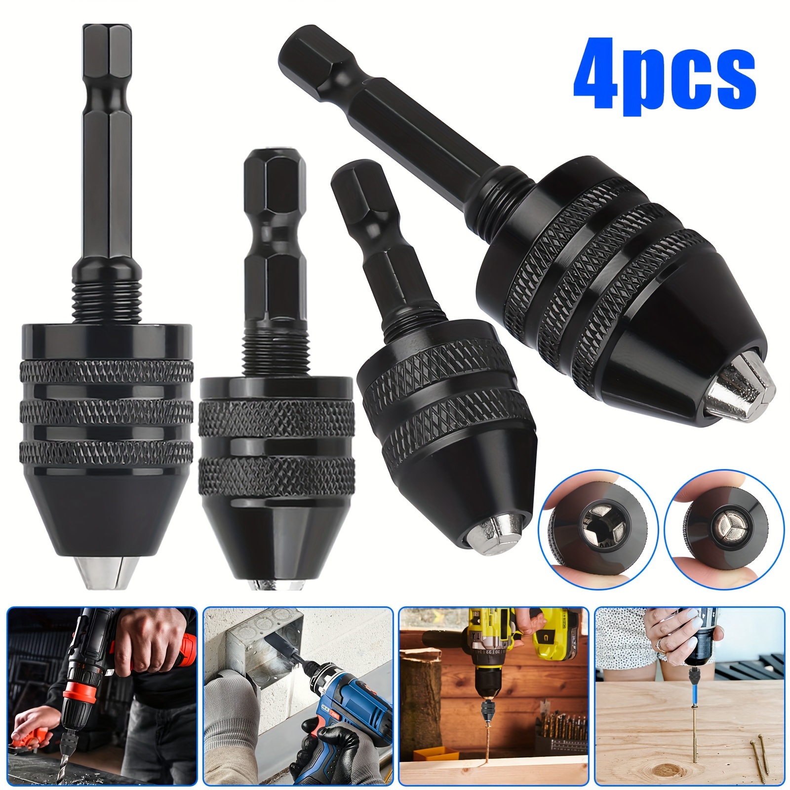 

4pcs Hex Shank Keyless Drill Chuck Adapter, Screwdriver Impact Converter Quick Change Drill Bit 0.3-6.5mm 0.3-3.6mm