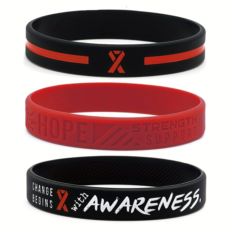 Set Of 3 Silicone Wristbands Featuring A Red Awareness Ribbon Symbolizing , , And Strength For Firefighters