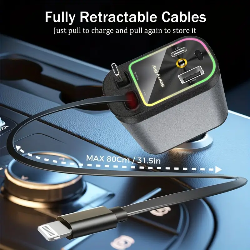 retractable car charger with star projector and flame ambient mood light 4 in 1 fast car mobile phone charger with 2 6ft retractable cable and usb c charger adapter compatible with iphones max 14 pro 11 galaxy s23 22 etc Product details 2
