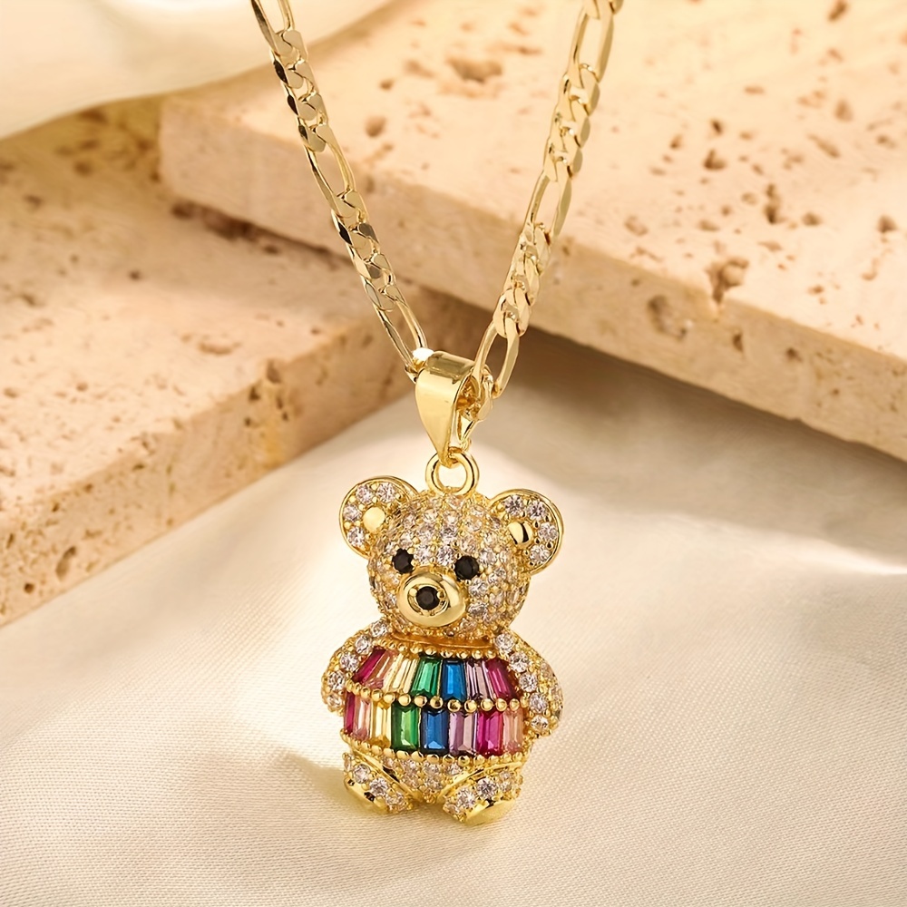 

14k Golden Plated Cute Cartoon Bear Pendant Necklace With Colorful Zirconia Inlay, Fashion Copper Jewelry For Women, Versatile Daily & Party Accessory