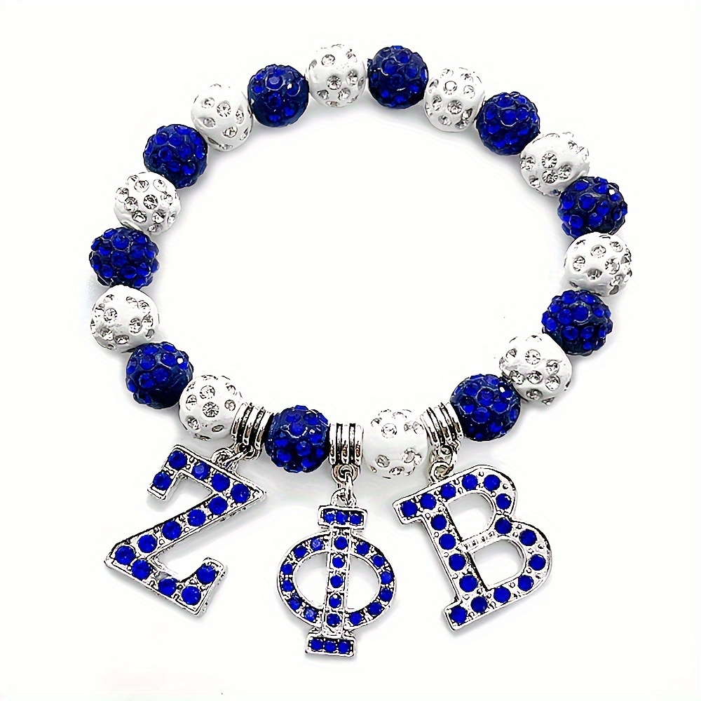 

Fashion Letter Sorority Society Jewelry For Women Handmade Bracelets With Blue And White Rhinestone Beads