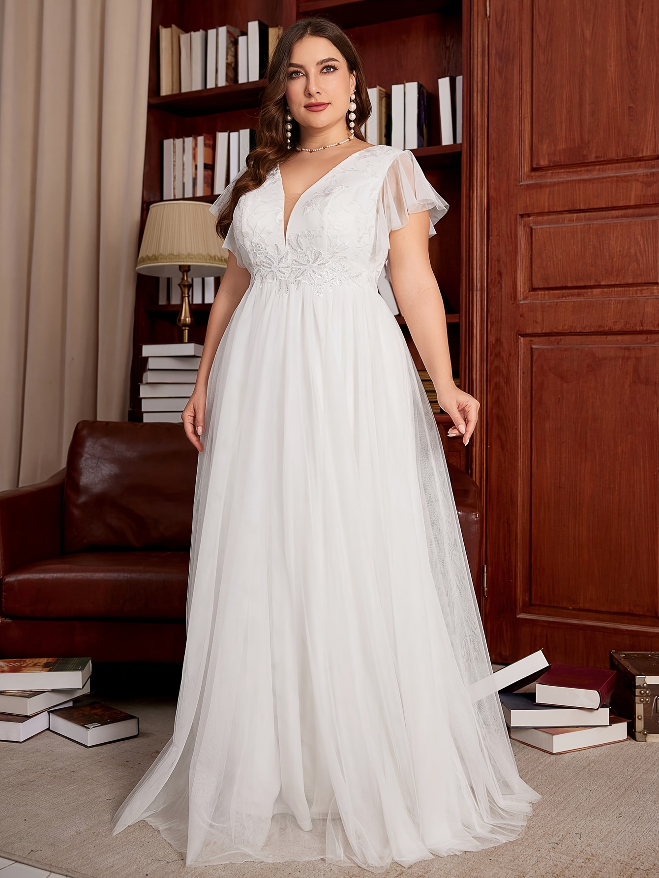 plus size plus size v hals trouwjurk met mesh mouwen en - Temu Belgium, image size:800x1066