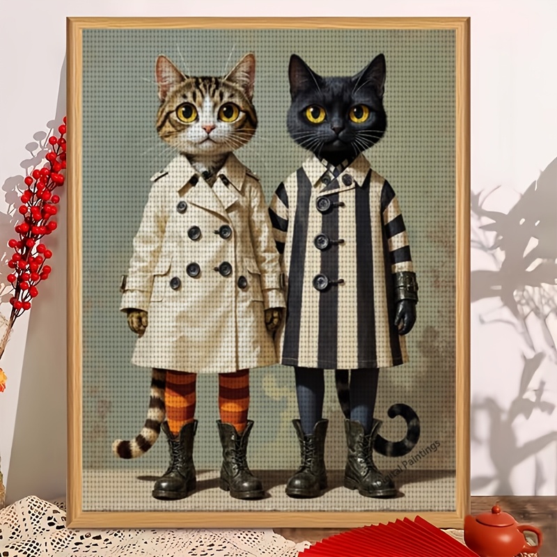 TEMU 1pc Printed Cross- Kit, Frameless, "two Cats Wearing Trench Coat" Pattern, Perfect For Beginner's Relaxing Handmade Craft, Offering Leisure And