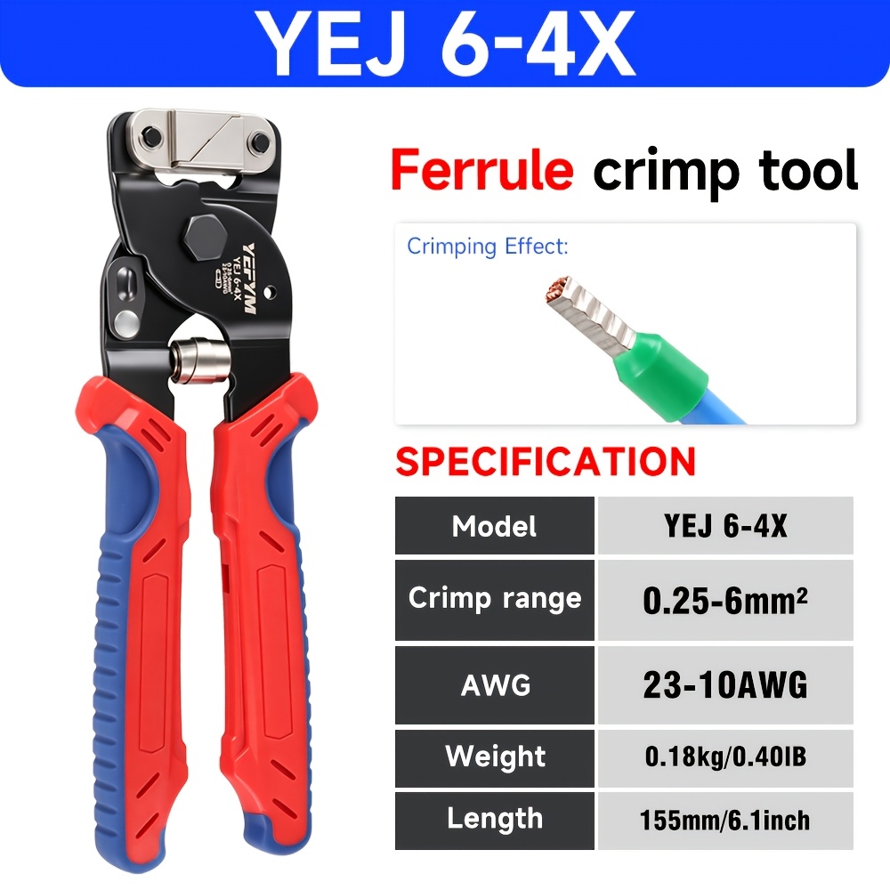 Mini Terminal Crimping Tool, Yej 6-4x Compact Crimper Pliers 6.61 Inch For 0.25-6mm² (23-10awg) Electrical Wire Ferrules: retailer-supplied image