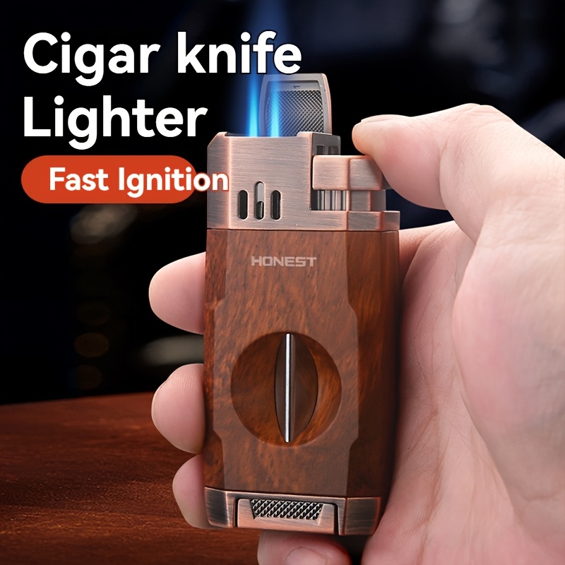 (Fuel Not Included) Cigar Lighter, Torch Lighter With V-shaped Cigar Cutter, Built-in Cigar Clip, Visible Air Window, Cigar Torch Lighter, Cool Lighter Suitable For Candles, Dual Windproof Jet Flame, Integrated Torch Cigar Lighter With Double Flame