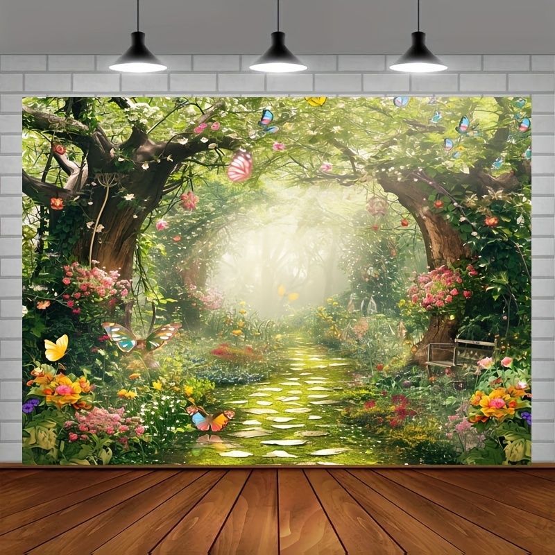 1Pc Magic Garden Backdrop Polyester Fabric Wonderland Fairytale World  Butterfly Feet Photography Background Birthday Photo Studio Shoot