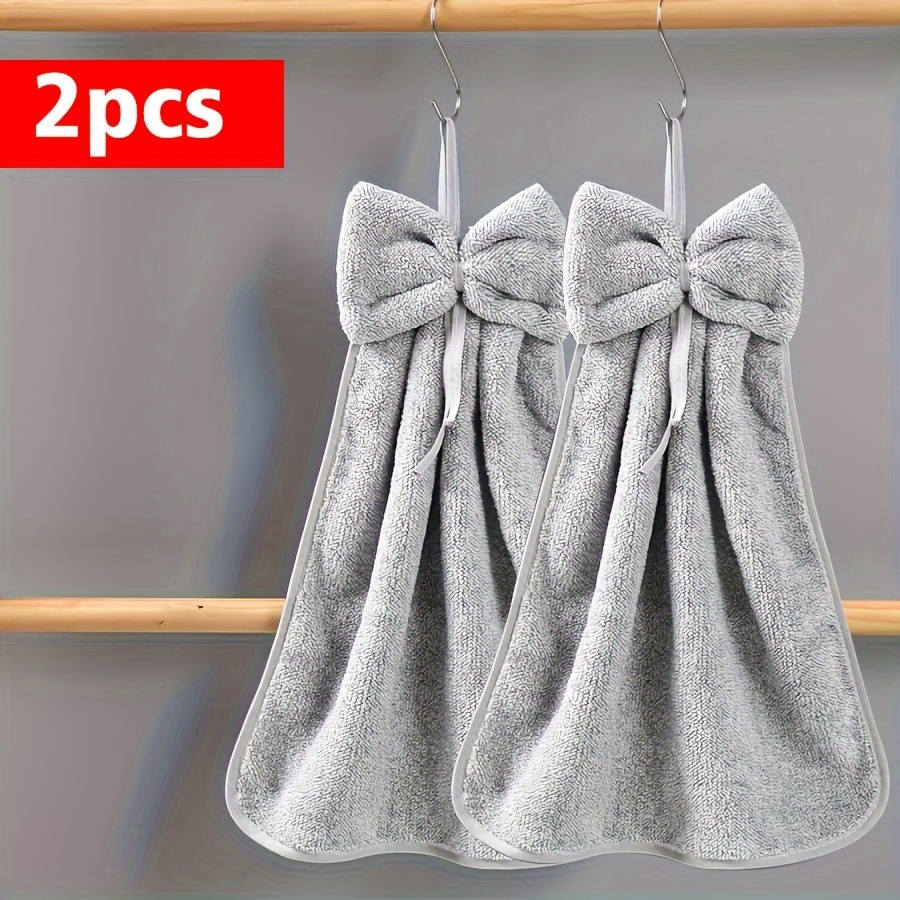 2pcs Bowknot Hanging Towels - , Quick-dry Coral Fleece With Hanging Loop For Kitchen & Bathroom Use - Cleaning, Drying & Wiping Tasks