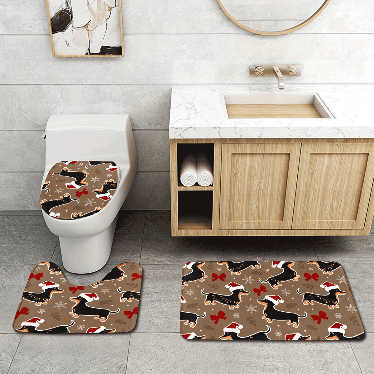 

3pc Christmas Dachshund Bath Mat Set, Non-slip Washable Thickened Polyester Bathroom Rugs, Decor, Kitchen & Bathroom Floor Mats, Rectangular Carpet Runners, 1.2cm Thickness, 600g/㎡