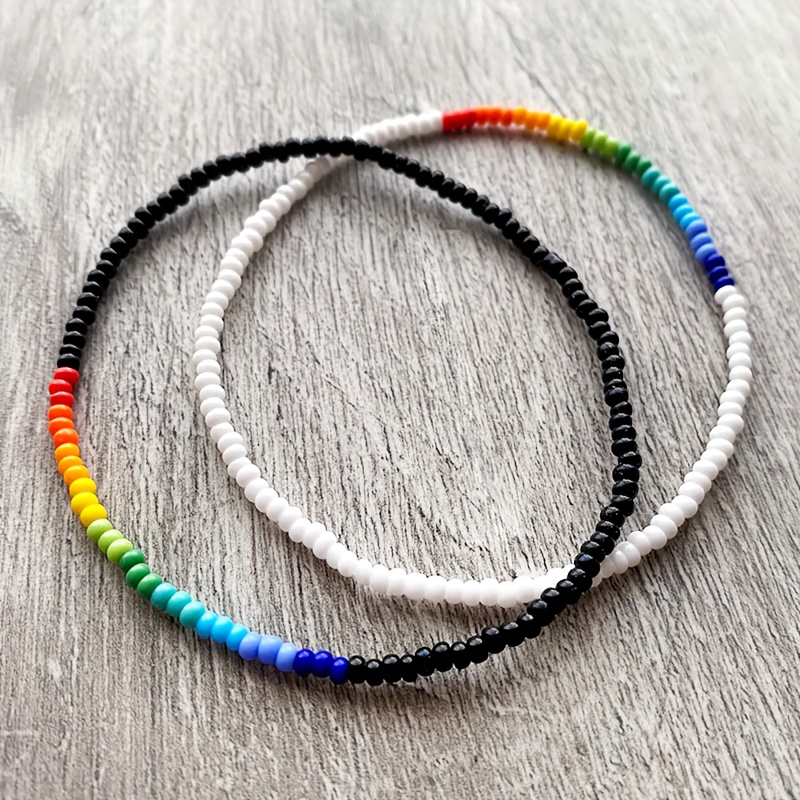A Set Of 2 Elastic Bracelets With Rainbow-colored Beads, Perfect For Couples, Mothers And Daughters, , And Friendship Bracelets