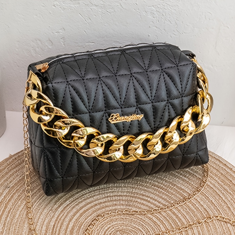 TEMU Fashion Quilted Chain Bag, Mini Shoulder Crossbody Purse, Women's Trendy Handbag With Thick Metal Chain, Clutch