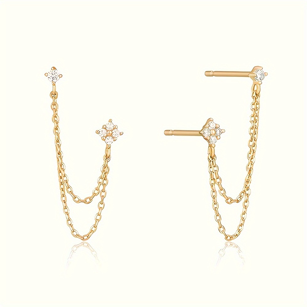 Image of 1 Pair Women's Fashion Stud Earrings Creative Double Pierced Earrings Inlaid Synthetic Zirconia Chain Stud Earrings Women' Casual Party Elegant Jewelry Additions