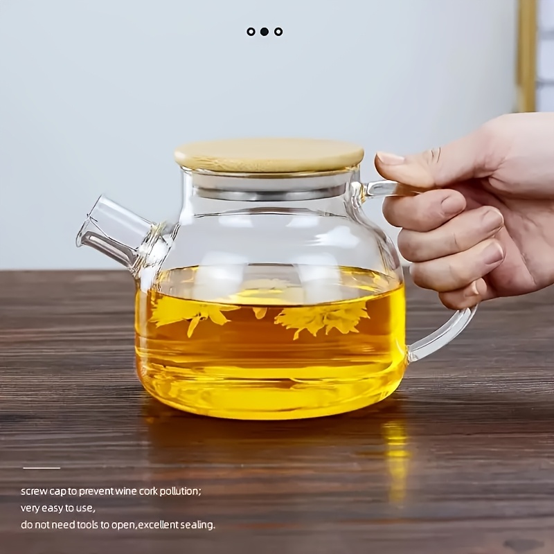 

1pc Glass Teapot With Bamboo Lid, 35.2oz/1000ml Capacity, Ideal For Loose Leaf Or , Refrigerator Safe - Essential Kitchen And Dining Accessory